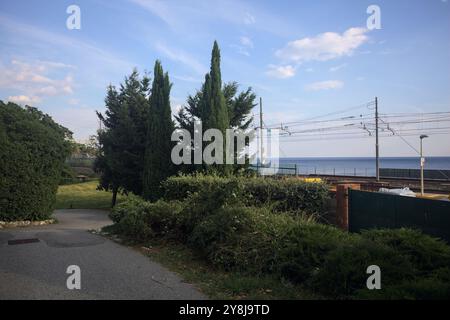 Sentiero in un parco accanto a una recinzione protettiva di una ferrovia vicino al mare al tramonto Foto Stock