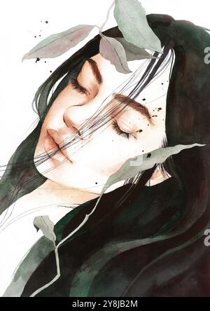 Serenità, consapevolezza, calma, meditazione, connessione con il concetto della natura ritratto pittura ad acquerello. illustrazioni emotive e psicologiche Foto Stock