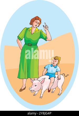 Personaggio cartoni animati di un ragazzo seduto sull'illustrazione di design vettoriale di maiale Illustrazione Vettoriale