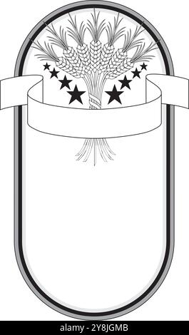 Segale, orzo o frumento, struttura rotonda o corona su sfondo bianco. Design disegnato a mano in bianco e nero per cucinare, panificare, etichettare o etichettare Illustrazione Vettoriale