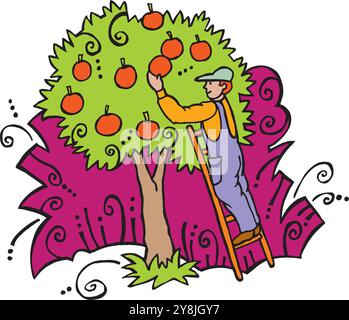 Agricoltore su scala che raccoglie a mano mele rosse che raccolgono alberi da frutto in un'illustrazione vettoriale di composizione isolata isometrica del frutteto Illustrazione Vettoriale