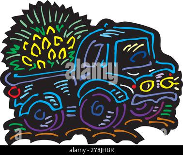 Silhouette del pick-up isolata su sfondo bianco. Vista laterale del raccoglitore con cabina doppia. Illustrazione Vettoriale