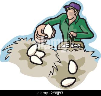 Un uomo allegro raccoglie felicemente le uova all'interno di un'illustrazione di design vettoriale della casa dei polli Illustrazione Vettoriale
