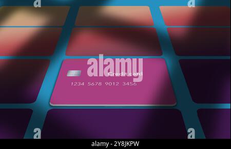 Una carta di credito generica è visibile nella luce della finestra in un'illustrazione in 3D relativa alle carte di debito e di credito. Foto Stock