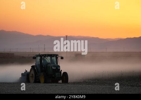 Un trattore ara un campo agricolo al tramonto nella regione californiana di Salton Sea Foto Stock