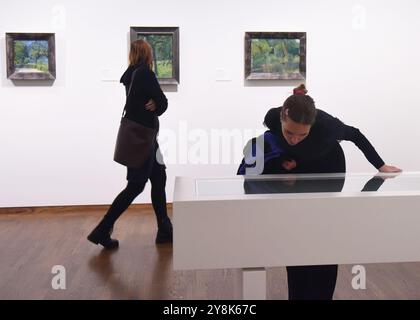 Vienna, Austria. 5 ottobre 2024. La gente guarda le mostre al Leopold Museum di Vienna, Austria, 5 ottobre 2024. In Austria sabato si è tenuta la 24° "lunga notte dei Musei", durante la quale musei e gallerie a livello nazionale sono rimasti aperti dalle 18:00 alle 24:00 del giorno successivo. Crediti: Han Lu/Xinhua/Alamy Live News Foto Stock