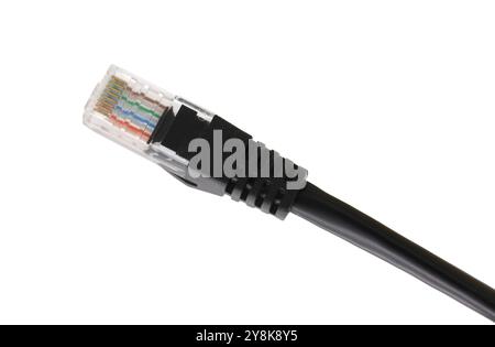 Cavo di rete nero con connettore maschio RJ45 stampato isolato su sfondo bianco. Foto Stock
