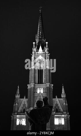 Monumento di Svetozar Miletić: Vista notturna della cattedrale nella Piazza della città di Novi Sad 10. 5. 2024. Regione della Vojvodina Serbia Foto Stock