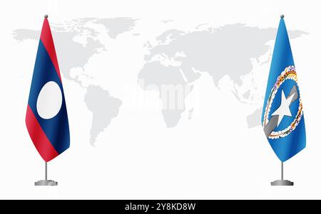 Bandiere del Laos e delle Isole Marianne Settentrionali per l'incontro ufficiale sullo sfondo della mappa del mondo. Illustrazione Vettoriale