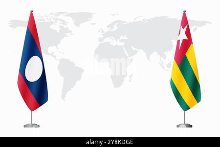 Bandiere del Laos e del Togo per l'incontro ufficiale sullo sfondo della mappa del mondo. Illustrazione Vettoriale