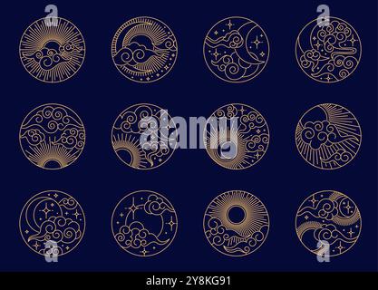 Modelli orientali cinesi, coreani o giapponesi di sole e luna con nuvole, simboli asiatici vettoriali. Ornamenti orientali e decorazioni di linee dorate con raggi solari, luna o stelle e nuvole nel cielo Illustrazione Vettoriale