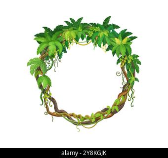 Telaio rotondo nella giungla tropicale con ramo e foglie della foresta di liana. Bordo circolare vettoriale cartoni animati composto da lussureggianti viti della foresta pluviale e radici contorte, trasuda un senso di natura esotica e vegetazione selvaggia Illustrazione Vettoriale