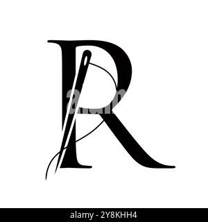 Logo personalizzato su Letter R Concept con ago e simbolo filettatura. Insegna tessuto Illustrazione Vettoriale