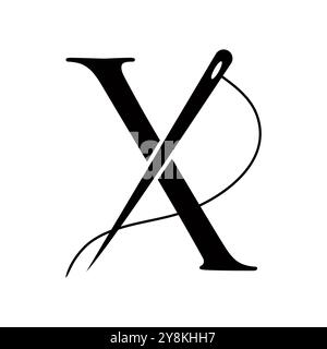 Logo personalizzato su Letter X Concept con ago e simbolo filettatura. Insegna tessuto Illustrazione Vettoriale