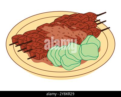 Cucina indonesiana Madura East Java cibo tradizionale pollo manzo satay salsa di arachidi condimento gusto piccante e design iconico colorato Illustrazione Vettoriale