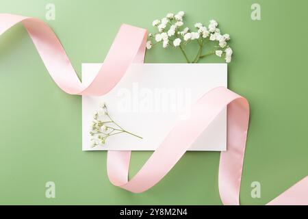 Scheda vuota, nastro e fiori di gypsophila su sfondo verde, vista dall'alto Foto Stock