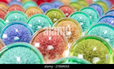Rendering 3d astratto delle sfere di colore della pelliccia dei capelli, delle sfere 3d. Foto Stock