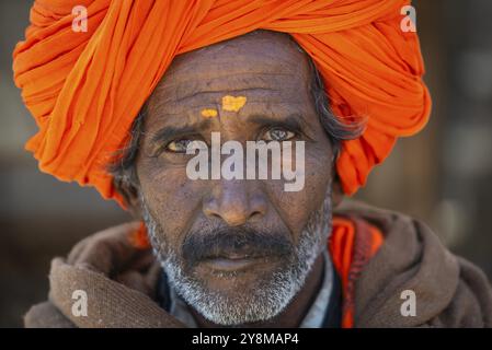 Uomo con turbante arancione e bindi gialli sulla fronte, ritratto, Chittorgarh Fort, Chittorgarh, Rajasthan, India, Asia Foto Stock