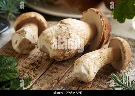 Pulizia di bolete o funghi porcini selvatici appena raccolti su un tagliere di legno, primo piano Foto Stock