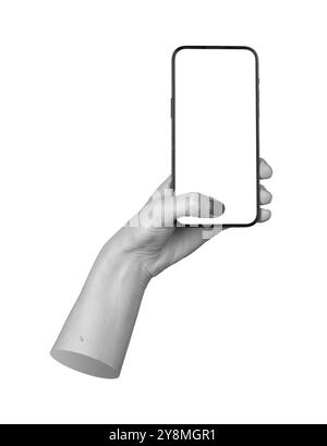 Mano di una donna che tiene uno smartphone, il pollice fa clic sullo schermo per inserire la password o l'ID dell'impronta digitale. Sfondo isolato, focalizzato sulla privacy e la sicurezza Foto Stock