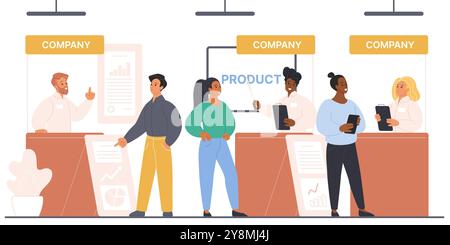 Le persone visitano la fiera aziendale e l'evento fieristico pubblico nel centro esposizioni. La folla di visitatori di sesso femminile e maschile si trova presso gli stand infographic promoter, che pubblicizzano i prodotti dell'azienda, illustrazioni vettoriali dei cartoni animati Illustrazione Vettoriale