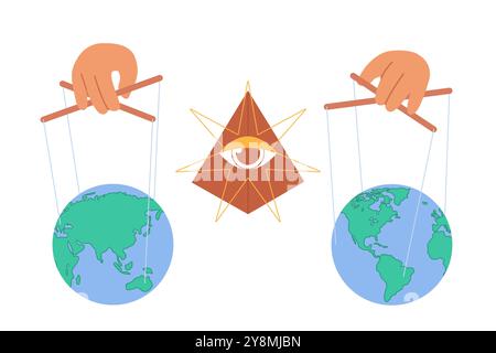 Teoria della cospirazione e idea di paranoia del governo mondiale. Il pianeta Terra appeso su marionette corde, malocchio di muratori piramidi e un gruppo d'élite di governanti controllano l'illustrazione vettoriale dei cartoni animati Illustrazione Vettoriale