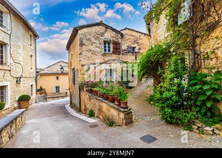 Affascinante strada nel pittoresco villaggio di Menerbes con edifici colorati e fiori vivaci. Villaggio di Menerbes (il più bel villaggio in Francia) nel Foto Stock