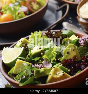 Piatto di argilla con insalata di avocado, verde e viola la lattuga, la valeriana e origano fiori sulla pietra ardesia vassoio con salsa di soia e calce e sesamo a parte Foto Stock