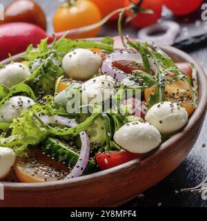 Insalata di verdure con formaggio mocarella, lattuga, pomodori ciliegini, rafano, cetriolo, cipolla e basilico nel piatto di argilla Foto Stock