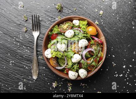 Lay piatto di insalata di verdure con mozzarella, lattuga, pomodori ciliegini, rafano, cetriolo, cipolla e basilico nel piatto di argilla Foto Stock