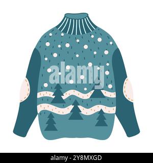 Maglione natalizio in lana con oggetto vettoriale piatto nella foresta innevata Illustrazione Vettoriale