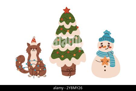 Oggetti vettoriali piatti di gatto albero di Natale e pupazzo di neve Illustrazione Vettoriale