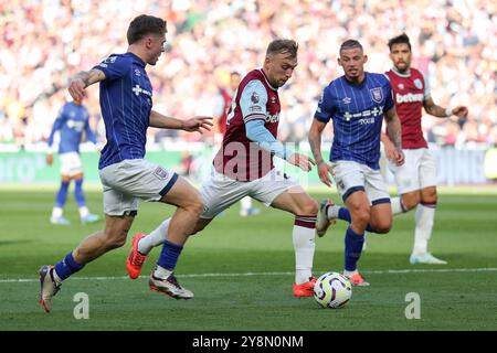 Londra, Regno Unito. 5 ottobre 2024. L'attaccante del West Ham Jarrod Bowen (20) in azione durante la partita West Ham United FC contro Ipswich Town FC English Premier League al London Stadium, Londra, Inghilterra, Regno Unito il 5 ottobre 2024 Credit: Every Second Media/Alamy Live News Foto Stock