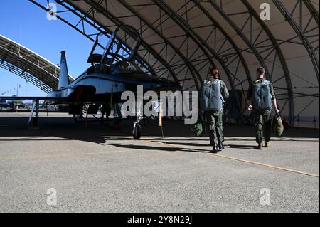 Il tenente colonnello Olga Custodio della U.S. Air Force salpa su un jet con il tenente colonnello Michael Kelly, comandante del 99th Reconnaissance Squadron, per un volo su un T- Foto Stock