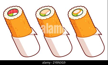 Set di disegno del rotolo di mano. Sushi roll fritto in profondità, fast food giapponese cileno. Pollo, salmone e gamberi tempura. Illustrazione vettoriale cartoni animati. Illustrazione Vettoriale