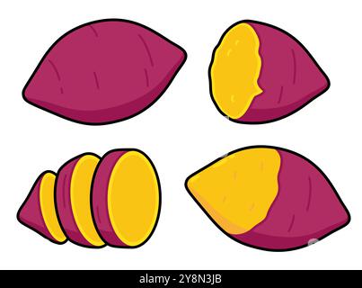 Set illustrativo di patate dolci. Crudo e cotto, affettato e sbucciato. Disegno di cartoni animati, clipart vettoriale. Illustrazione Vettoriale