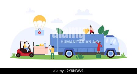 Beneficenza per aiutare e aiutare le persone bisognose, logistica degli aiuti umanitari, consegna tramite trasporto. Le piccole persone caricano le scatole dei kit di emergenza e il cibo con il carrello elevatore a illustrazione vettoriale del cartone animato del camion Illustrazione Vettoriale
