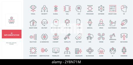 Implementazione dei servizi ai, attivazione e set di icone della linea di identificazione. Dati generati automaticamente con Machine Assistant, automazione aziendale, simboli di contorno neri e rossi sottili illustrazione vettoriale Illustrazione Vettoriale