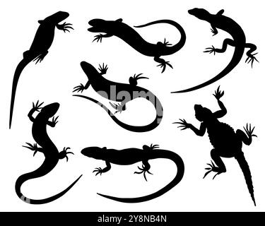 Set sagome animali lucertola, confezione grande rettile con design vettoriale nero, sfondo bianco isolato Illustrazione Vettoriale