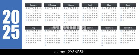 Calendario orizzontale 2025, Calendario 2025 settimana inizia domenica, modello di pianificazione della progettazione aziendale. Calendario vettoriale 2025 anni. Illustrazione Vettoriale