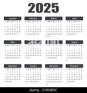 Calendario 2025, Calendario 2025 settimana inizia domenica, modello di pianificazione del design aziendale. Calendario vettoriale 2025 anni Illustrazione Vettoriale