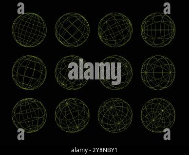 Set sfera a griglia verde Globe. Mesh a globo, sfere a reticolo 3D con strisce, set di simboli vettoriali geometrici a griglia a globo. Futuristici globi a reticolo. Illustrazione Vettoriale