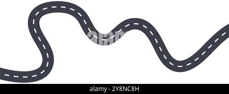 Illustrazione vettoriale strada tortuosa, icona autostrada curva, grafica stradale in bianco e nero, percorso di trasporto astratto, percorso linea tratteggiata, guida su asfalto Illustrazione Vettoriale
