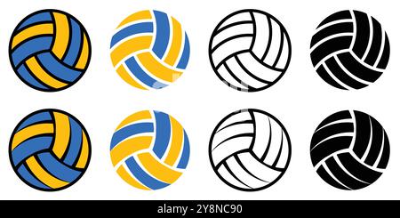 Set di icone pallavolo. Icone di contorno della pallavolo isolata su sfondo bianco. Simbolo di pallavolo colorato e nero. Illustrazione vettoriale. Illustrazione Vettoriale
