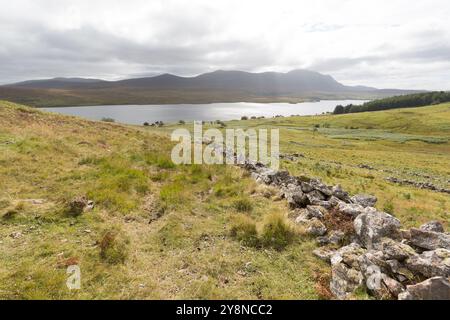 Zona di Altnaharra, Scozia. Vista pittoresca e rialzata del Loch Naver, con Ben Kilbreck sullo sfondo. Foto Stock