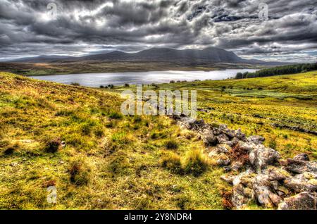 Area of Altnaharra, Scotland. Artistic, elevated view of Loch Naver, with Ben Kilbreck in the background. Stock Photo