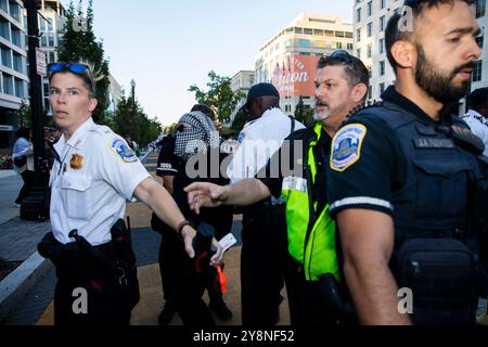 Un manifestante viene arrestato dalla polizia durante una manifestazione pro-palestinese come parte di una giornata internazionale di azione nei pressi della Casa Bianca, Washington DC, USA, il 5 ottobre 2024. Intorno alle 16:00, circa 1.000 marciarono fuori da Lafayette Square e su H Street NW all'incrocio di Black Lives Matter Plaza e bloccarono la strada. Alcuni tenevano striscioni che leggevano "PALESTINA LIBERA" e segni che chiedevano un embargo sulle armi contro Israele, mentre altri sventolavano bandiere palestinesi. Questa manifestazione fa parte dell'anniversario degli attacchi guidati da Hamas il 7 ottobre contro Israele e dell'inizio della devastante guerra israelo-Hamas. ( Foto Stock