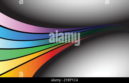 Uno sfondo astratto vivace e colorato con strisce color arcobaleno che si piegano su uno sfondo grigio. Perfetto per siti Web, presentazioni e gr Illustrazione Vettoriale