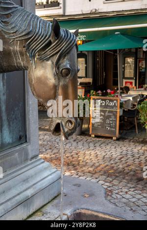 Belgio, Fiandre, Bruges, Wijngaardstraat, fontana a testa di cavallo del conducente di carrozza Foto Stock