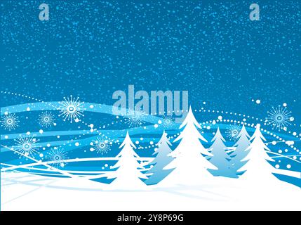 Una scena invernale con alberi bianchi su sfondo blu, adornata da fiocchi di neve e linee vorticose. Perfetto per progetti di vacanza, design a tema invernale, Illustrazione Vettoriale